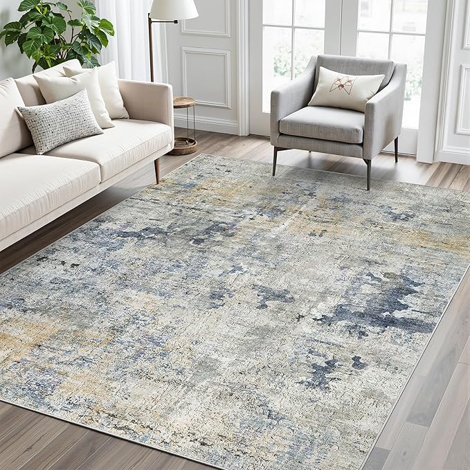Soalmost Abstract Rug 5x7 Machine Washable Area Indoor Blue Yellow Low Pile Non-Slip Foldable Thin Accent Rugs for Bedroom Living Room Dining Room