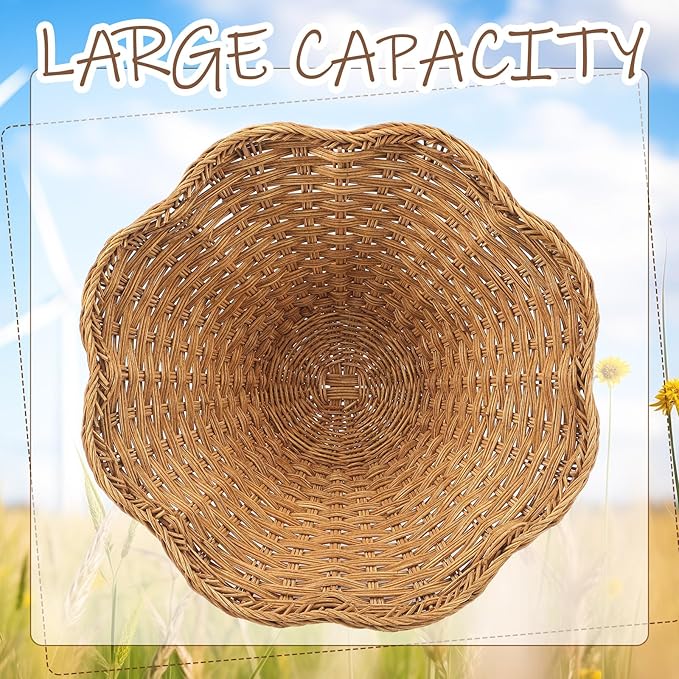 LemonRoad Rattan Fruit Bowl 12.6''x12.6''x6'' Large Round Decorative Kitchen Wicker Basket Wavy Rim Storage Bowl with Pedestal Base for Fruit Bread Storage Organization, Dining Table Centerpiece