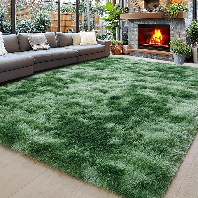 Area Rugs 9x12 for Living Room, Ultra Soft Fluffy Rugs for Bedroom, Non-Slip Furry Large Rug for Teen Girls and Boys,Nursery Kids Room Dorm Home Decor, High Pile Plush Floor Carpet, Tie-Dyed Green
