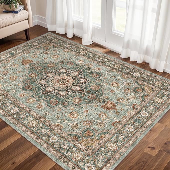 TOPRUUG Washable Oriental Area Rug - 3x5 Rugs for Living Room Soft Carpet for Bedroom Waterproof Floral Distressed Indoor Stain Resistant Non-Shedding Floor Carpets (Green, 3X5)
