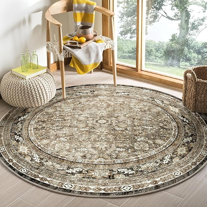 OPPODREAM Vintage Brown Round Rug 5ft, 5 ft Retro Washable Circle Rug Non Slip, Low-Pile Faux Wool Circular Carpet, Distressed Floor Mat for Living Room, Bedroom, Office, Dorm, Dinning Room
