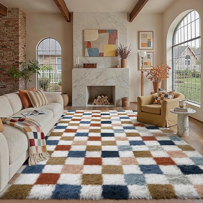 PureCozy Checkered Rug 9x12 for Living Room, Modern Rainbown Shag Rug Washable Non-Slip Large Area Rug Super Soft Indoor Fuzzy Carpet Fluffy Rugs for Bedroom Home Aesthetic Decor