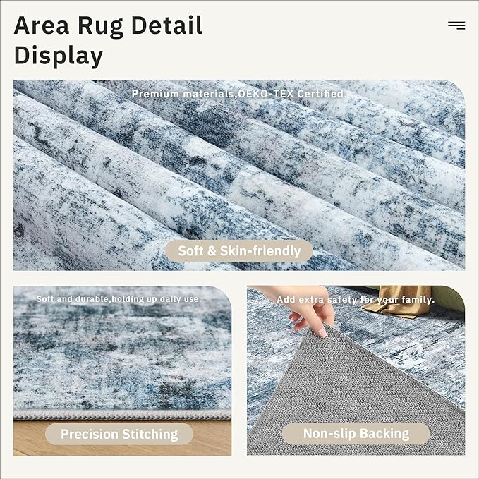 Soalmost Runner Rug 3x8 Washable Non-Slip Hallway Runner Rugs for Kitchen Bathroom Laundry Room Blue/Grey Vintage Floor Carpet Runners for Hallways Entryway