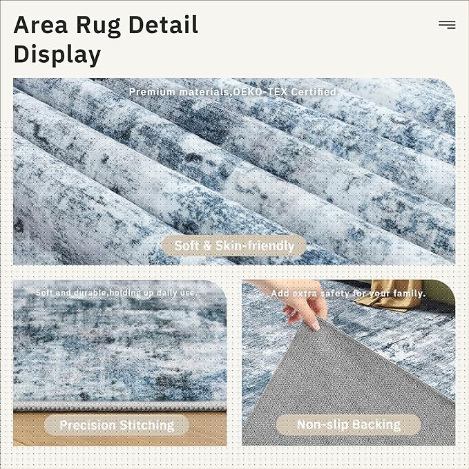 Soalmost Washable Runner Rug, 2'6" x 8' Non-Slip Kitchen Vintage Foldable Hallway Runners for Entryway, Laundry, Bedroom, Blue