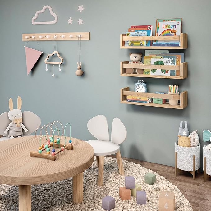 NATURE SUPPLIES Nursery Book Shelves, Set of 3 Floating Bookshelves for Wall for Nursery Decor & Playroom Decor, Bookshelf Kids, Baby Book Shelf Organizer (Natural Wood)
