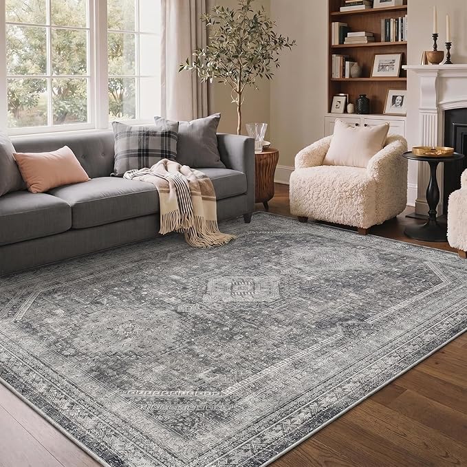 GENIMO 8x10 Area Rugs for Living Room, Machine Washable Non Slip Rugs, Low Pile Lightweight Print Rug for Bedroom, Dining Room, Home Office, Vintage Grey
