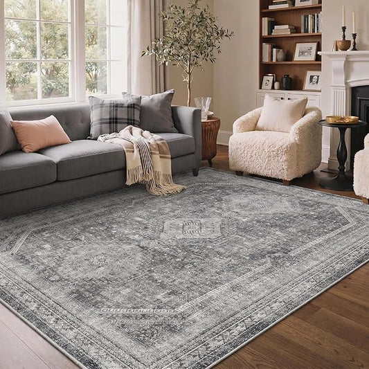 GENIMO 8x10 Area Rugs for Living Room, Machine Washable Non Slip Rugs, Low Pile Lightweight Print Rug for Bedroom, Dining Room, Home Office, Vintage Grey