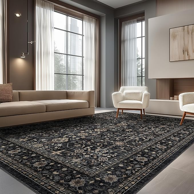 Ruaruarug Area Rug Non Slip Machine Washable Ultra Soft Living Room/Bedroom/Kitchen/Outdoor/Classroom, Black Grey, 8'×10'
