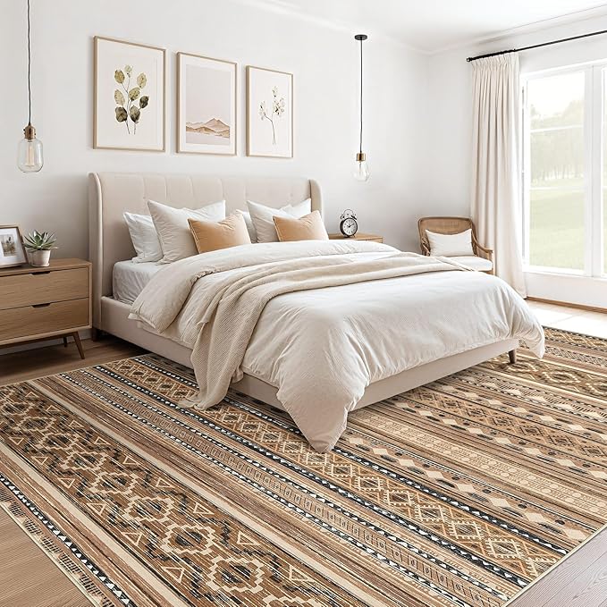 cotiled 6x9 Area Rug Living Room: Washable Boho Rugs with Non Slip Backing Large Soft Indoor Stain Resistant Carpet for Bedroom Farmhouse Dining Room Lightweight Home Decor Brown/Beige