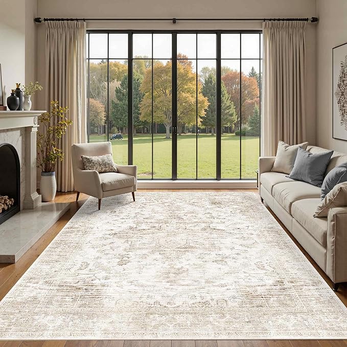 Rugxara 8x10 Washable Area Rug for Living Room, Extra Large Neutral Vintage Boho Rugs for Office, Kids Room, Farmhouse, Durable Low Pile Non Slip Carpet for High Traffic Areas - Beige