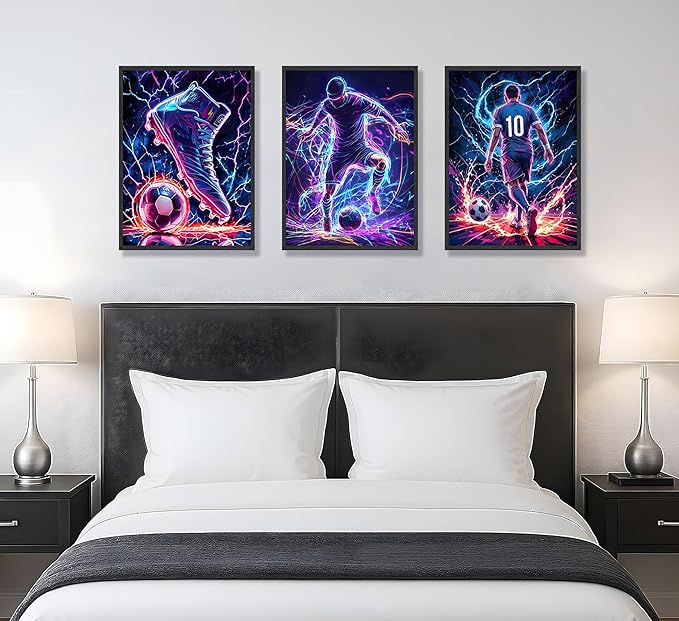 FJKLRP 3pcs Neon Lightning Soccer Canvas Wall Art Football Wall Decor with 10 Number Player Paintings posters Trendy Sports Artwork for Bedroom Living Room Fan Cave Game Room decor Unframed