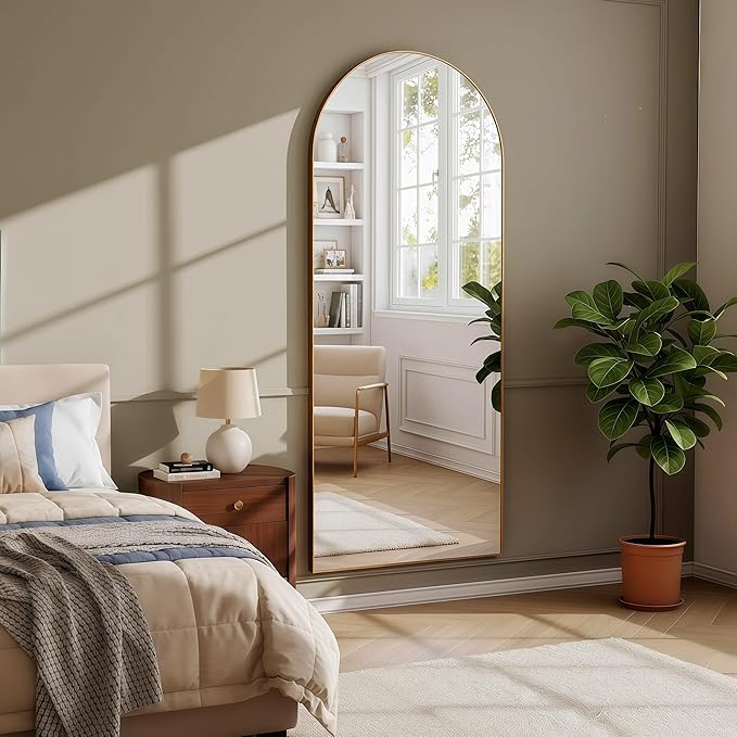 Full Length Mirror 71"x30"Arched with Stand Aluminum Alloy Frame Wall Mountable Tempered Glass Full Body Mirror, Standing Hanging or Leaning Against Wall for Bedroom and Living Room Gold