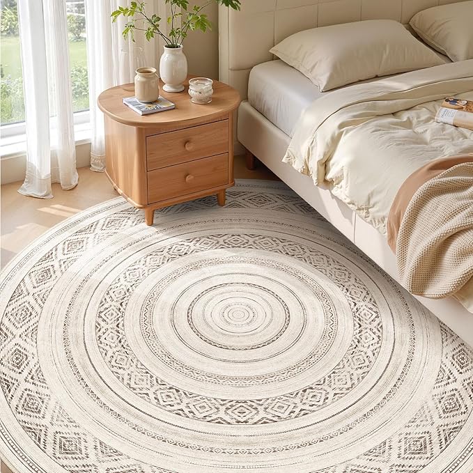 cotiled 8x8 Round Area Rug Living Room: Washable Boho Rugs with Non Slip Backing Large Soft Indoor Stain Resistant Carpet for Bedroom Farmhouse Dining Room Lightweight Home Decor Dark Brown