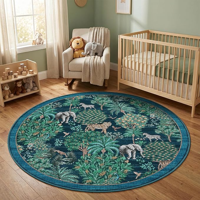GarveeHome Jungle Round Washable Rugs 4ft Non-Slip Soft Round Rug for Kids Room, Forest Animal Print Tiger Circle Carpet for Bedroom Entryway Playroom Nursery, Blue