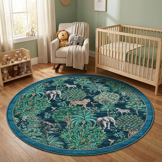GarveeHome Jungle Round Washable Rugs 4ft Non-Slip Soft Round Rug for Kids Room, Forest Animal Print Tiger Circle Carpet for Bedroom Entryway Playroom Nursery, Blue