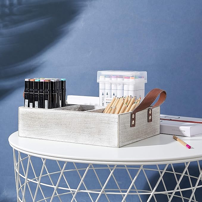 KMwares Paulownia Wooden Gray Rustic Wood Cube Storage Box with Light Brown Leather Handle, Open Top Organizer Bin Container for Kitchen, Bathroom, Office Desk, Makeup