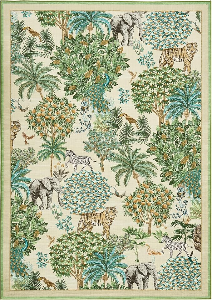GarveeHome Jungle Animal Print Rug 4x6 Washable Area Rugs for Living Room, Forest Rug Non Slip Soft Low Pile Stain Resistance Throw Carpet for Bedroom Kids Playroom Nursery Beige