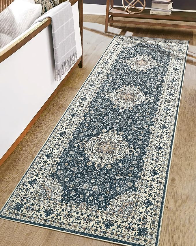 Goideal Washable Runner Rug 2x6, Vintage Rugs Non Slip, Indoor Low Pile Carpet with Rubber Backing for Kitchen Bathroom Entryway Office Bedroom,Black & White