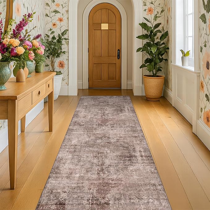 Washable 2'6"x8' 8ft Long Hallway Runner Rug Non Slip, Red Brown Stain Resistant Kitchen Floor Runner, Indoor Mats for Entryway, Low Pile & Soft Vintage Bedroom Carpet