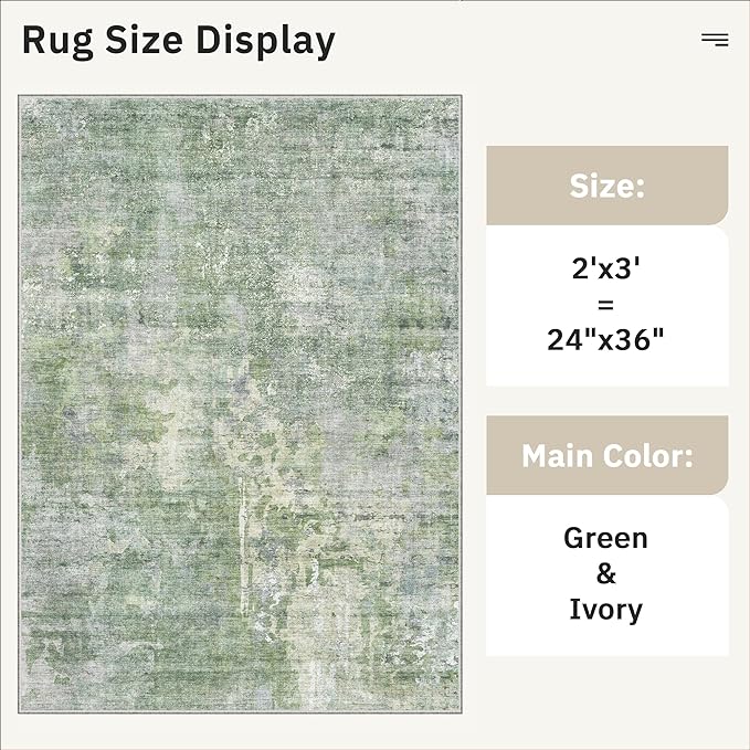 Soalmost 2x3 Abstract Washable Rugs for Kitchen, Floor, Entryway, Powder Room Small Area Rug Non-Slip Vintage Low Pile Throw Door Mat Green Ivory