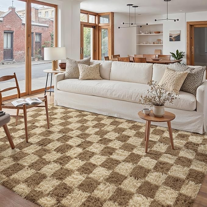 PureCozy Checkered Rug 8x10 for Living Room, Brown Modern Shag Rug Washable Non-Slip Large Area Rug Super Soft Indoor Fuzzy Carpet Fluffy Rugs for Bedroom Home Aesthetic Decor