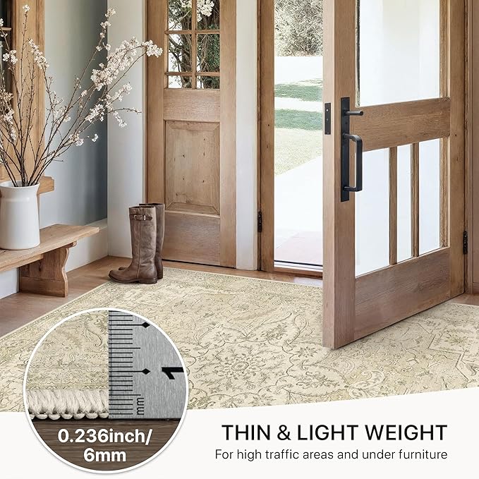 GENIMO 2X5 Washable Vintage Runner Rug for Hallway, Non-Slip Low Pile Chenille Print Rug, Soft Rugs for Indoor Entryway Kitchen Corridor, Linen & Taupe