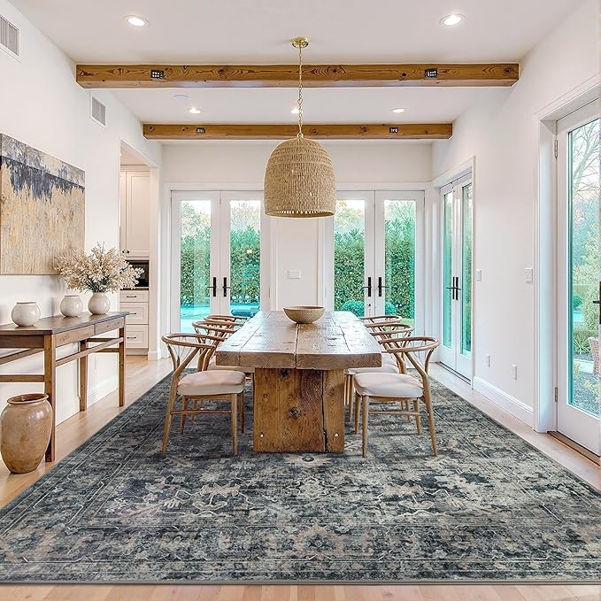 Rugxara 10x14 Area Rugs for Living Room Bedroom, Large Washable Rug, Blue Vintage Retro Boho Rug, Non Slip & Low Pile Faux Wool Thin Carpet for Indoor Dining Room and Kids Room(Blue 10x14ft)