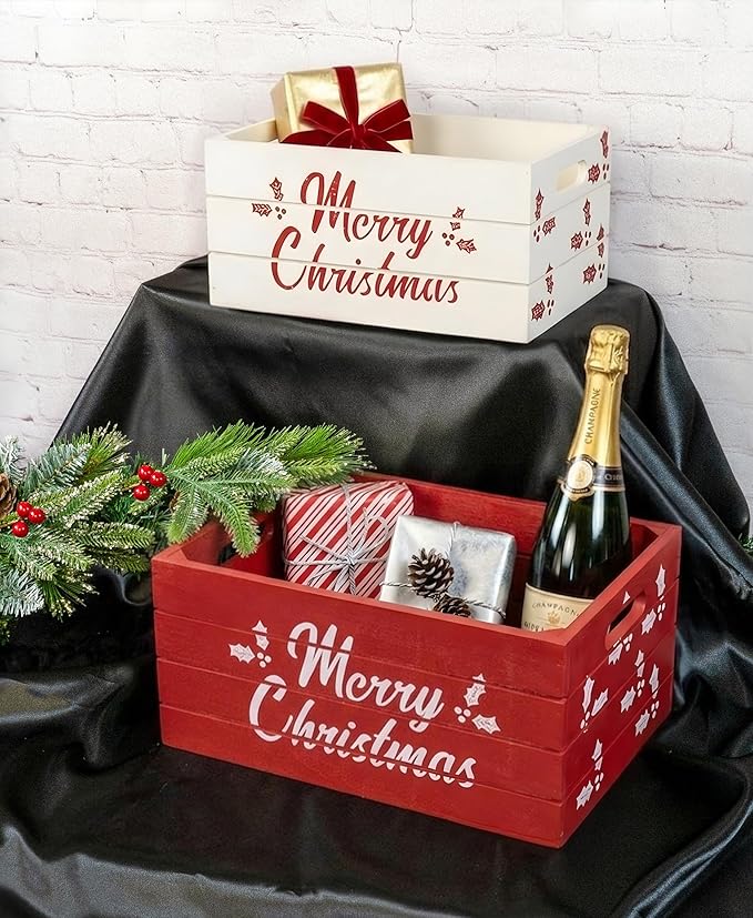 Red Co. Set of 2 Red and White Decorative Nesting Wooden Merry Christmas Storage Crate Organizers with Lettering