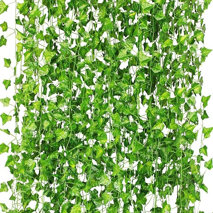 CQURE 36 Pack 252Ft Artificial Ivy Garland, Green Silk Leaves, 1.5-1.8 Inch Diameter, 7 FT Long Vines, 80 Leaves Each, Decor for Weddings, Home, Garden
