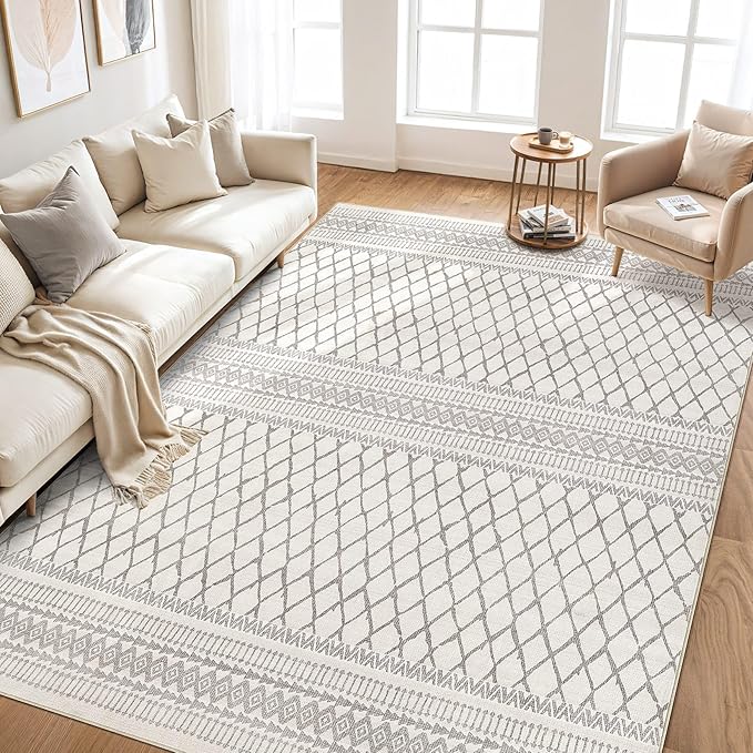 cotiled 8x10 Area Rug Living Room: Washable Boho Rugs with Non Slip Backing Large Soft Indoor Stain Resistant Carpet for Bedroom Farmhouse Dining Room Lightweight Home Decor Beige/Gray