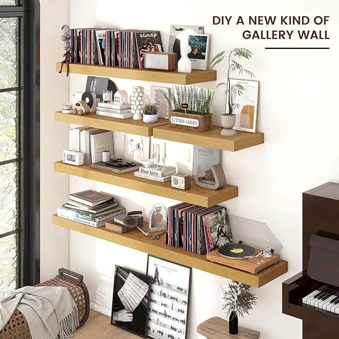 Venusmiles Floating Shelves for Wall, Engineered Wood Wall Shelves with Invisible Brackets for Living Room Bedroom Bathroom Office Kitchen Decor and Storage (Oak, 48" W x 9" D x 1.5" H) Set of 2
