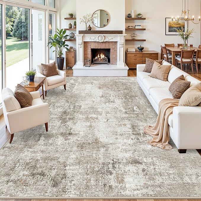 12x18 ft Extra Large Living Room Rug – Washable Modern Abstract Neutral Oversize Rugs for Bedroom,Dining Room,Family Room – Non-Slip Low-Pile Thin Stain-Resistant Carpet (Beige Grey)