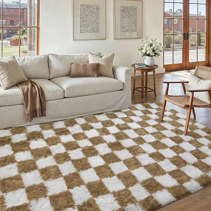 PureCozy Checkered Rug 5x7 for Living Room, Brown and White Modern Shag Rugs Super Soft Washable Indoor Office Fuzzy Carpet Non-Slip Fluffy Rugs for Bedroom Home Aesthetic Decor
