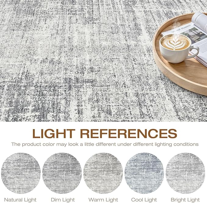 8ft Round Rug Living Room: 8x8 Washable Large Neutral Grey Circle Area Rug Abstract Soft Modern Stain Resistant Indoor Floor Non-Slip Carpet for Bedroom Nursery Kids Office Playroom Dining Room