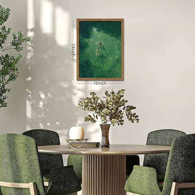 Framed Green Abstract Wall Art, Vintage Summer Swimming Canvas Wall Decor Painting, Minimalist Dark Green Water Landscape Poster Print Picture for Bathroom Bedroom Living Room 16x24 Inch