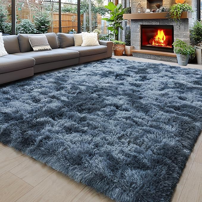 8x10 Area Rugs for Living Room, Ultra Soft Fluffy Large Shaggy Rug Carpet for Bedroom, Non-Slip Fuzzy Plush Rugs for Nursery Boys Girls Kids Room Modern Indoor Home Decor, Tie-Dyed Blue Grey
