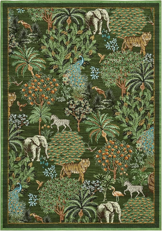 GarveeHome Jungle Animal Print Rug 6x9 Washable Area Rugs for Living Room, Forest Rug Non Slip Low Pile Stain Resistance Large Throw Carpet for Bedroom Dining Room Kids Playroom Nursery, Dark Green