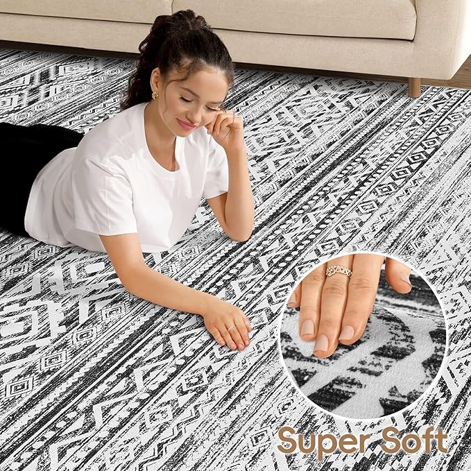 cotiled 10x12 Area Rug Living Room: Washable Boho Rugs with Non Slip Backing Large Soft Indoor Stain Resistant Carpet for Bedroom Farmhouse Dining Room Lightweight Home Decor White/Black