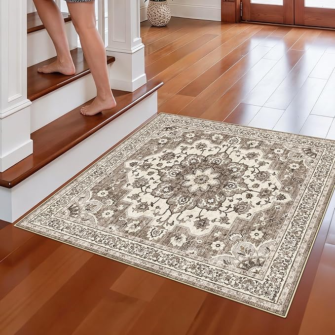 TOPRUUG Beige Washable Entry Rug - 3x3 Area Rugs for Kitchen Bedroom Bedside Bathroom Entryway Non Slip with Rubber Backing Low Pile Ultra Soft Stain Resistant Small Carpet (Beige, 3x3)