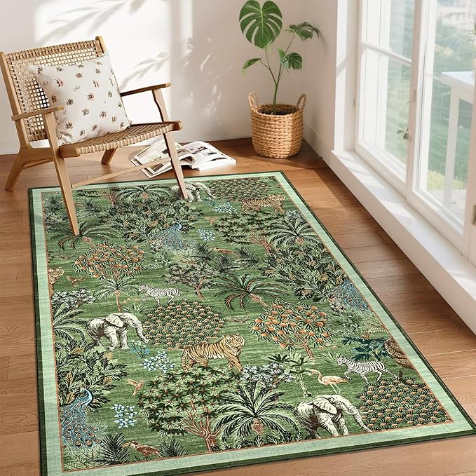 GarveeHome Jungle Animal Print Rug 3x5 Washable Area Rugs for Living Room, Forest Rug Non Slip Soft Low Pile Stain Resistance Throw Carpet for Bedroom Kids Playroom Nursery, Forest Green