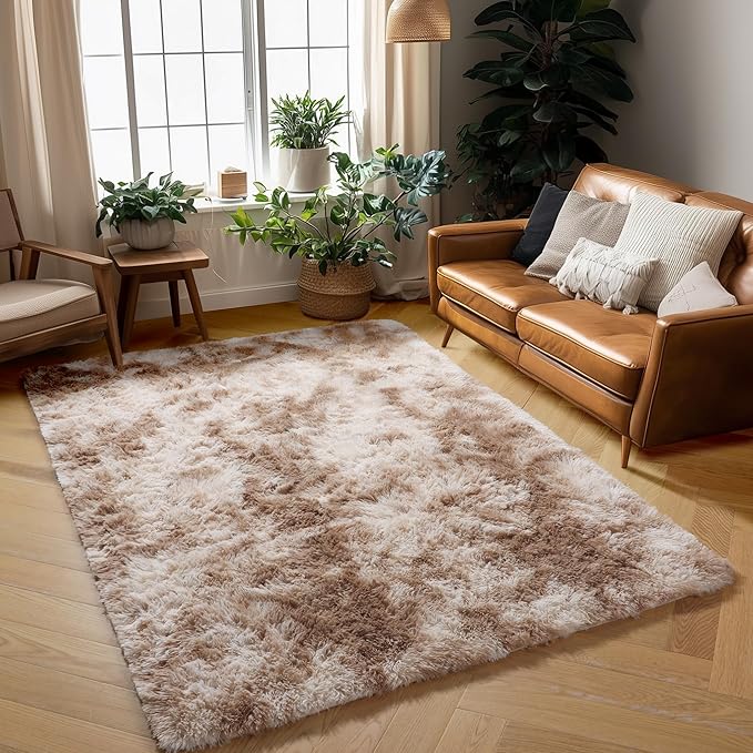 Amdrebio Tie-Dyed Beige Tan Area Rugs for Bedroom Kids Room, 5x7 Cute Fluffy Plush Shaggy Rug for Living Room Decor Aesthetic, Soft Furry Fuzzy Neutral Carpet for Baby Nursery Playroom Preppy Dorm