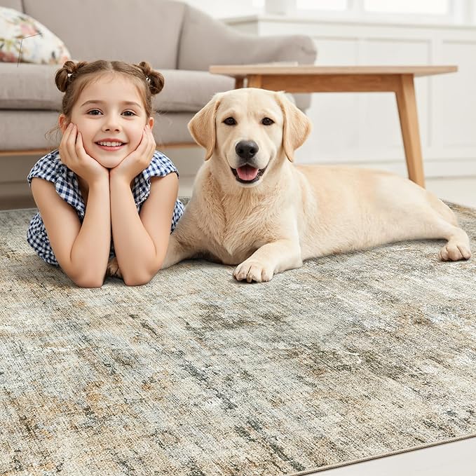 Soalmost Abstract Rug 8x10 Large Living Room Rugs Neutral Modern Washable Area Rugs for Bedroom Dining Room Non-Slip Stain Resistant Foldable Thin Rug Brown Grey