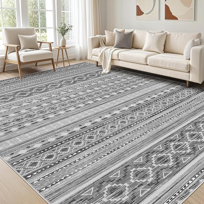 cotiled 5x8 Area Rug Living Room: Washable Boho Rugs with Non Slip Backing Large Soft Indoor Stain Resistant Carpet for Bedroom Farmhouse Dining Room Lightweight Home Decor Beige Grey