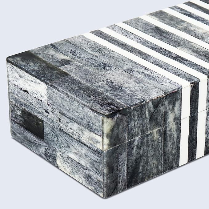 Handicrafts Home Decorative Storage Box with Lid, Patisserie Cafe Stripe Pattern Coffee Table Storage Box Organizer, Wooden Keepsake Jewelry Box, Kitchen Counter Console Box, Grey & White, 10x4.5x2.5
