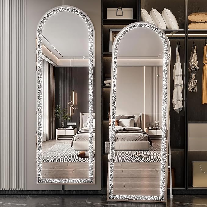 71"×24" Full-Length Mirror with Lights- Arch Crystal Crush Diamond Wall Mounted Hanging Diamond Mirror Leaning for Living Room Bedroom