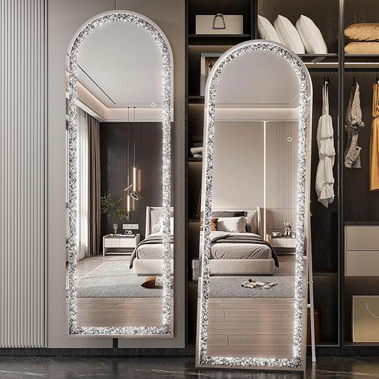 71"×24" Full-Length Mirror with Lights- Arch Crystal Crush Diamond Wall Mounted Hanging Diamond Mirror Leaning for Living Room Bedroom