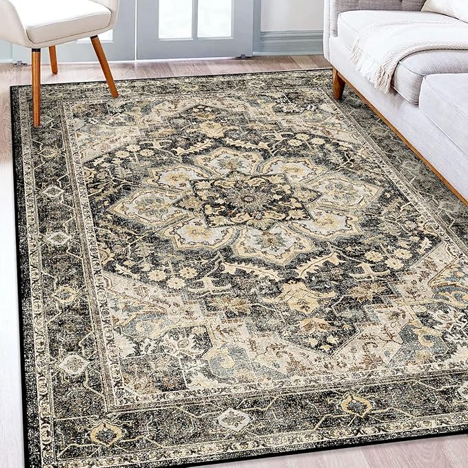 TOPRUUG Washable Oriental Area Rug - 5x8 Rugs for Living Room Soft Carpet for Bedroom Waterproof Floral Distressed Indoor Stain Resistant Non-Shedding Floor Carpets (Black/Grey, 5x8)