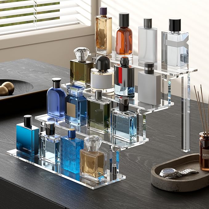 WINKINE Acrylic Riser for Display, Perfume Stand Rack, Display Shelf Compatible with Funko POP Amiibo Figures, 4 Tier Cologne Organizer Holder for Men, Cupcake Stand Riser for Tabletop Desktop, 3 Pack
