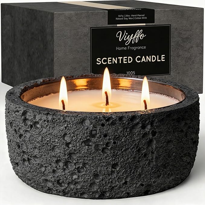 Viyffo 20oz Large Scented Candle - Sage & Eucalyptus, 3 Wick Home Scented Candle, Non Toxic Soy, Black Textured Ceramic Jar, Luxury Fragrance, Modern Home Décor & Spring Gift for Men and Women