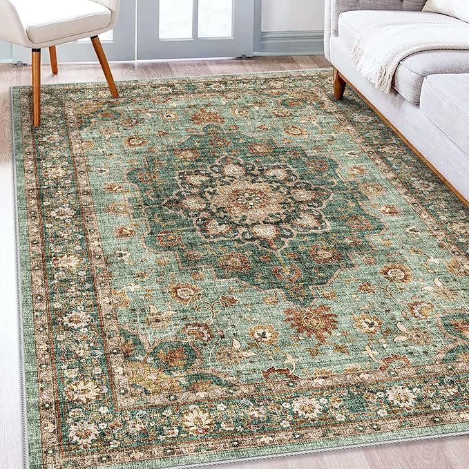 TOPRUUG Washable Oriental Area Rug - 5x7 Rugs for Living Room Soft Carpet for Bedroom Waterproof Floral Distressed Indoor Stain Resistant Non-Shedding Floor Carpets (Green, 5x7)